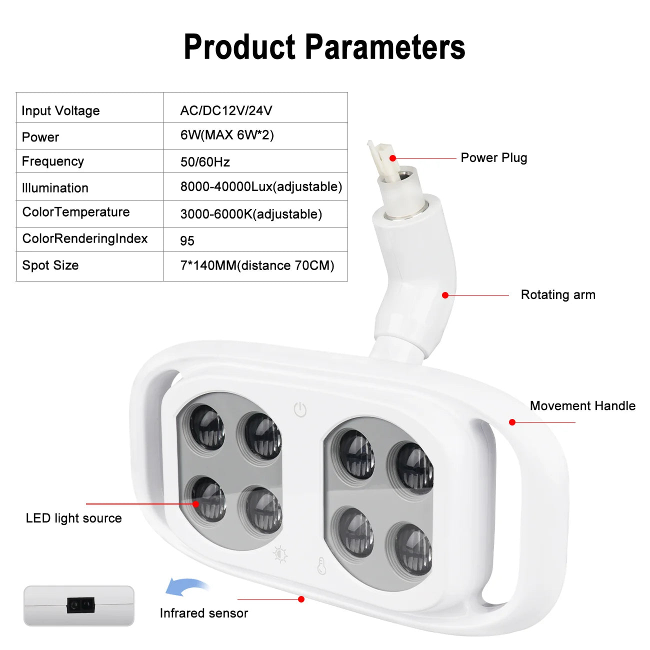 Dental Oral Light 8Bulds LED With Smart Sensor Switch Adjustable Brightness Surgical Lamp Dentistry Induction Yellow White Light