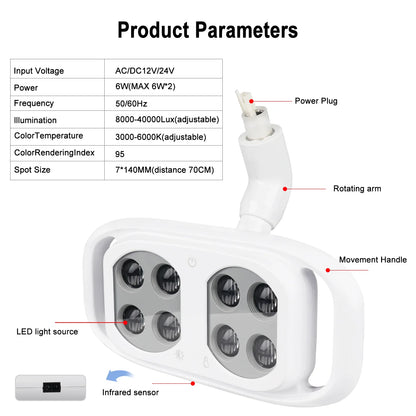 Dental Oral Light 8Bulds LED With Smart Sensor Switch Adjustable Brightness Surgical Lamp Dentistry Induction Yellow White Light
