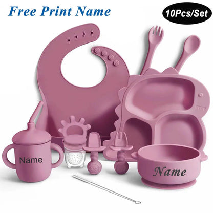 Baby Silicone Tableware Dinosaur Plate Dishes For Kids Personalized Name Baby Feeding Sets Fruit Feeder Baby Led Weaning Supplie