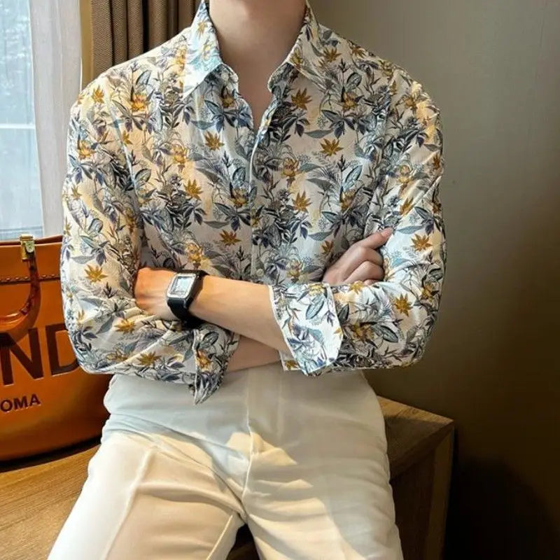 Fashion Brand Handsome High-end Slim Long-sleeved Floral Shirt for Men's New Casual and Trendy Temperament