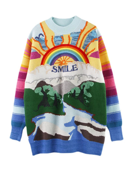 Oversized Sweater Women 2025 Fashion Rainbow Striped Embroidered Letters Knitted Pullovers Loose Casual Streetwear Tops C-119