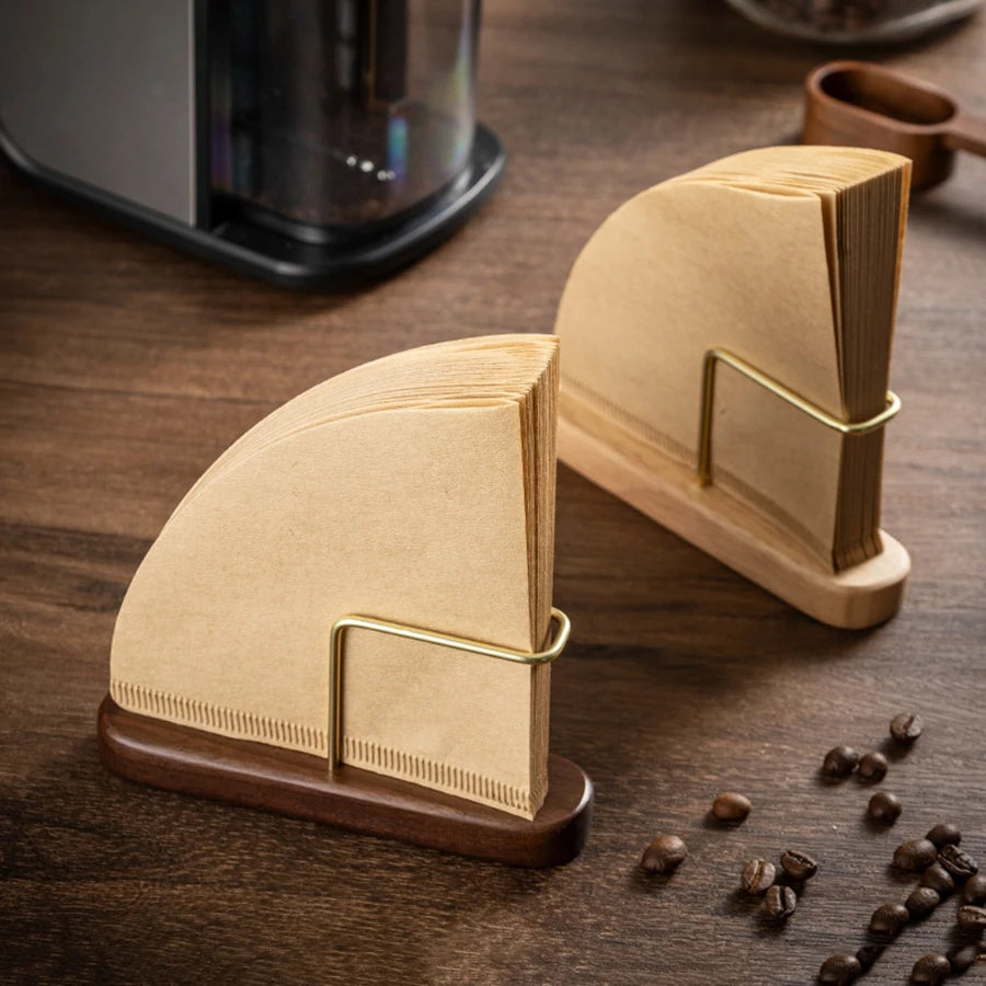 Coffee Filter Holder, Stand Coffee Paper Storage, Coffee Filter Container For V60 Paper Coffee Filters, Walnut & Brass