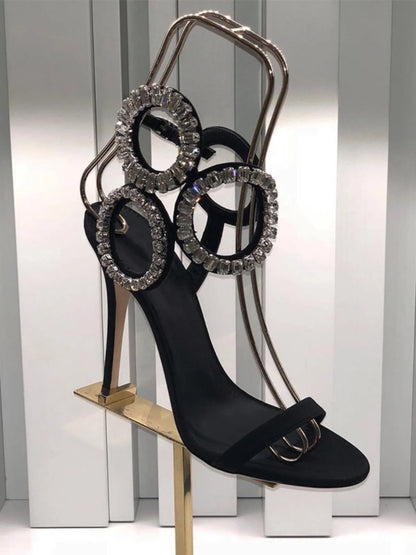 2024 New Dress Wedding Shoes with One Word Water Diamond Fine Heel Roman Women's Sandals