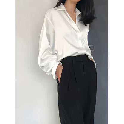 Fashion Casual Office Lady Silk Blouses Autumn Long Sleeve Button Up Shirt Women Elegant Winter Tops  Office Lady Acetate Blouse