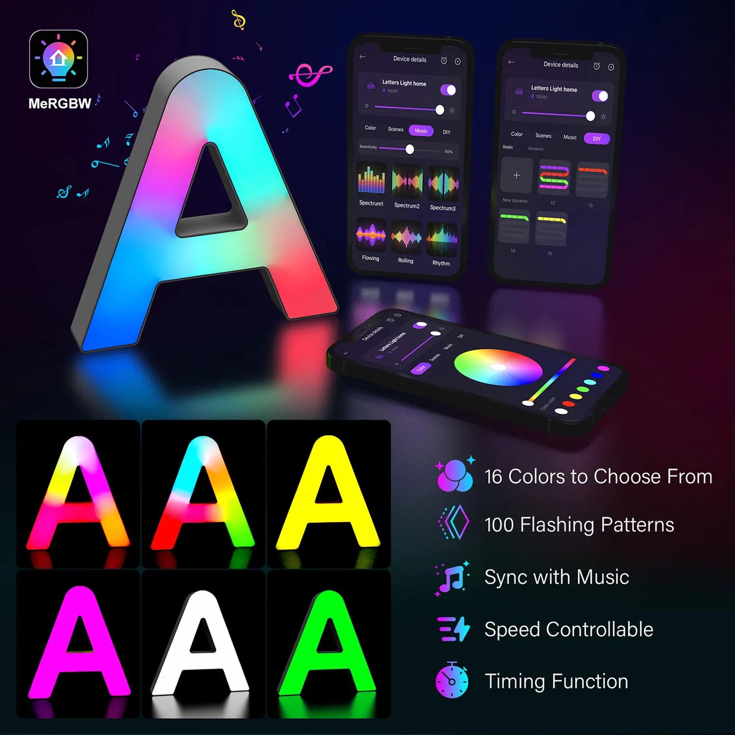 Smart LED Letters Lights Alphabet Light Decorative Name Letter Number Lamp Night Light USB MeRGBW App Music Sync Logo Game Home