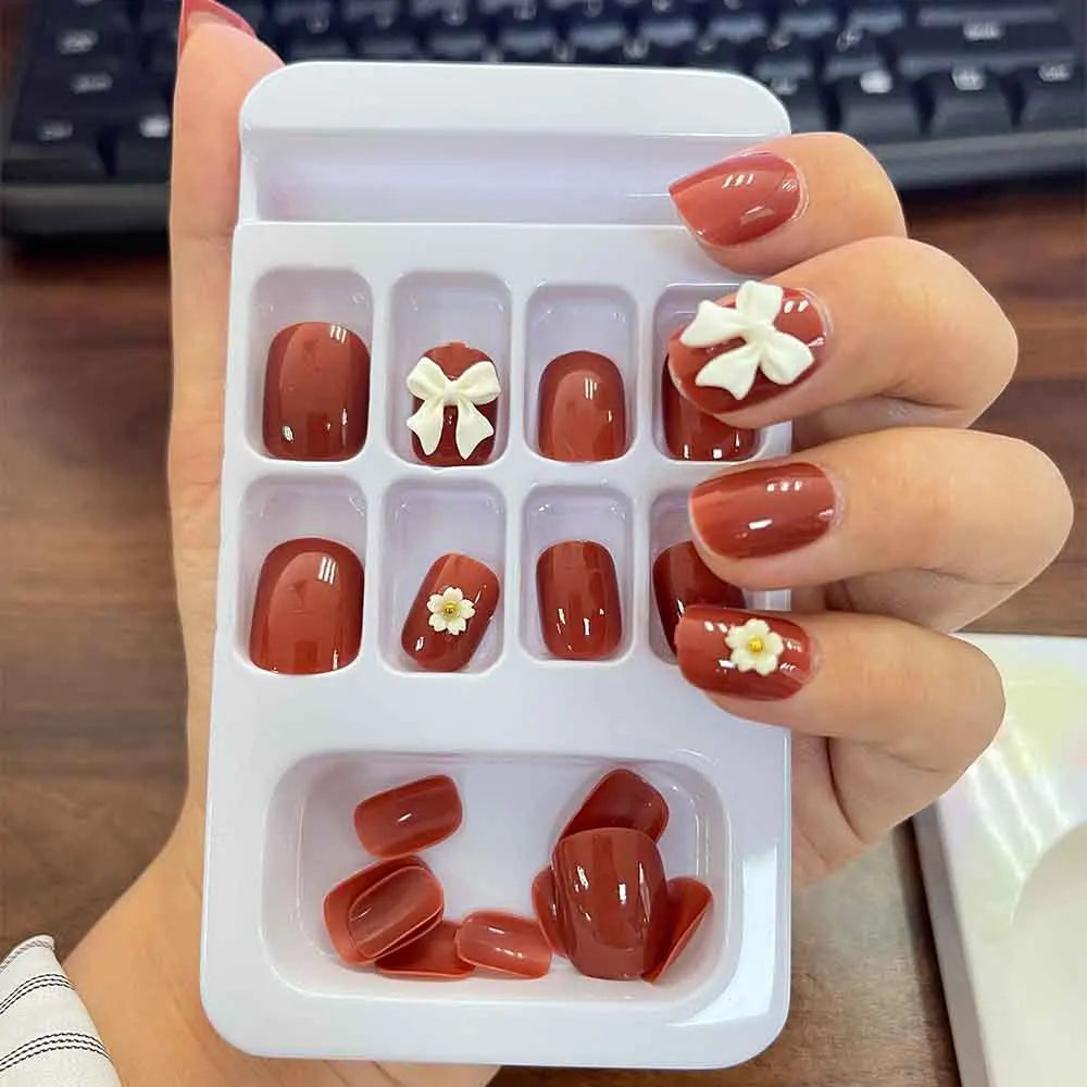 144pcs=6boxes Randomly Press On Nails Short Square Medium Almond Nail Kits 3D Rhinestone Flower Bowtie Reusable Press On Nails