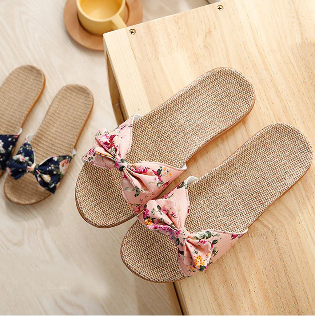 Sandalias Mujer 2024 Hot Women Female  Bowknot Flax Linen Flip Flops Beach Shoes Sandals Slipper SandáLias Femininas 여름샌들