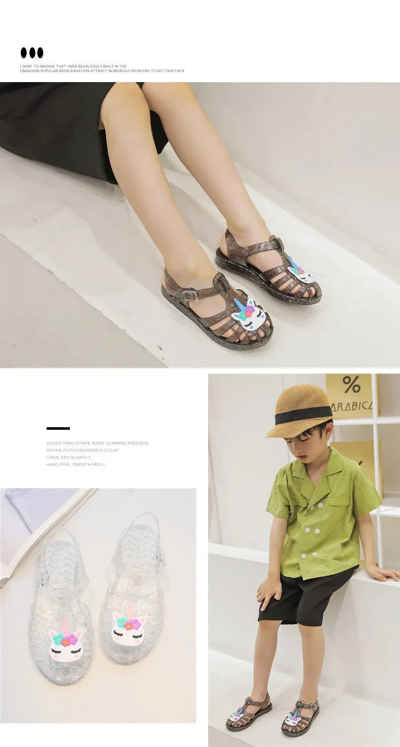 New Child Sandal Cute Girl Boy Beach Cave Shoe Transparent Glitter Jelly Crystal Kid Princes Shoe Breathable Roman Beach Sandal