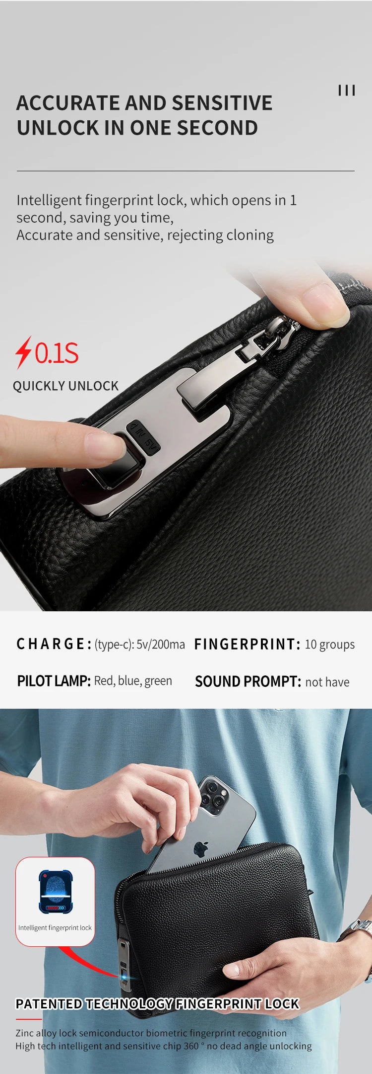 Man`s Fingerprint Lock Handbag Security Wallet