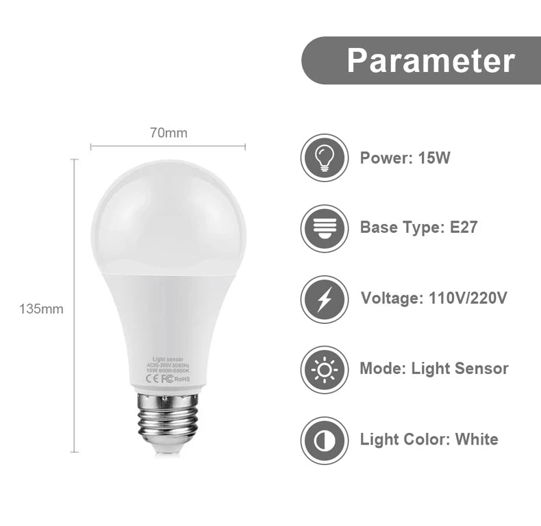 LED Light Sensor Light Bulb E27 15W Dusk to Dawn Smart Auto ON/OFF Switch Day to Night Lamp 110V 220V For Stair Hallway Pathway