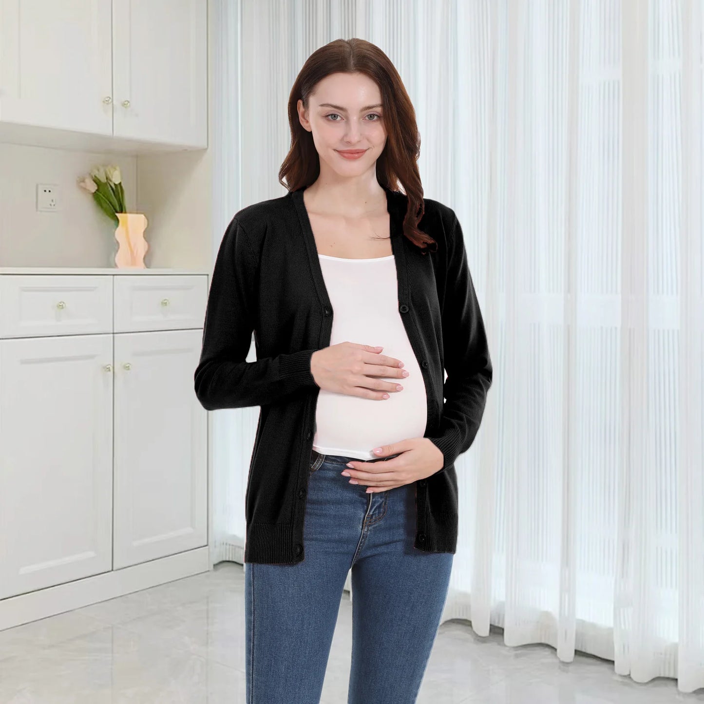 Maternity Cardigan Long Sleeve Spring Autumn Stretch Breastfeeding Clothes for Postpartum Women Nursing Coat Tops