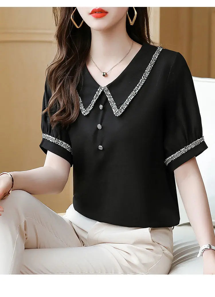 Top for Woman Office Outfits Clothing Black Women's Shirts and Blouses Chiffon Wear To Work Formal Collar Short Sleeve New 2024