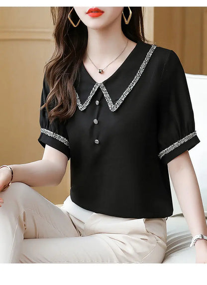 Top for Woman Office Outfits Clothing Black Women's Shirts and Blouses Chiffon Wear To Work Formal Collar Short Sleeve New 2024