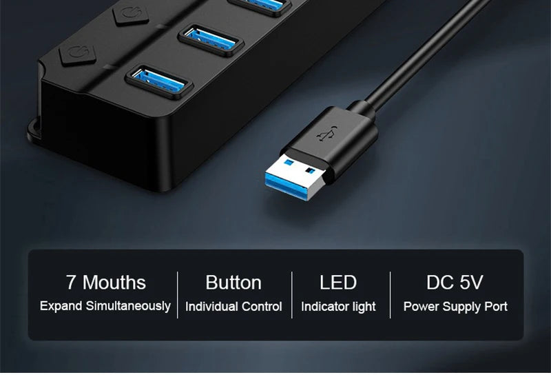 USB 3.0 Power Adapter 7 Port Multi USB Splitter Hub USB Hub 2.0 USB Multiple Expander Switch 30CM Cable Hub Docking Stations