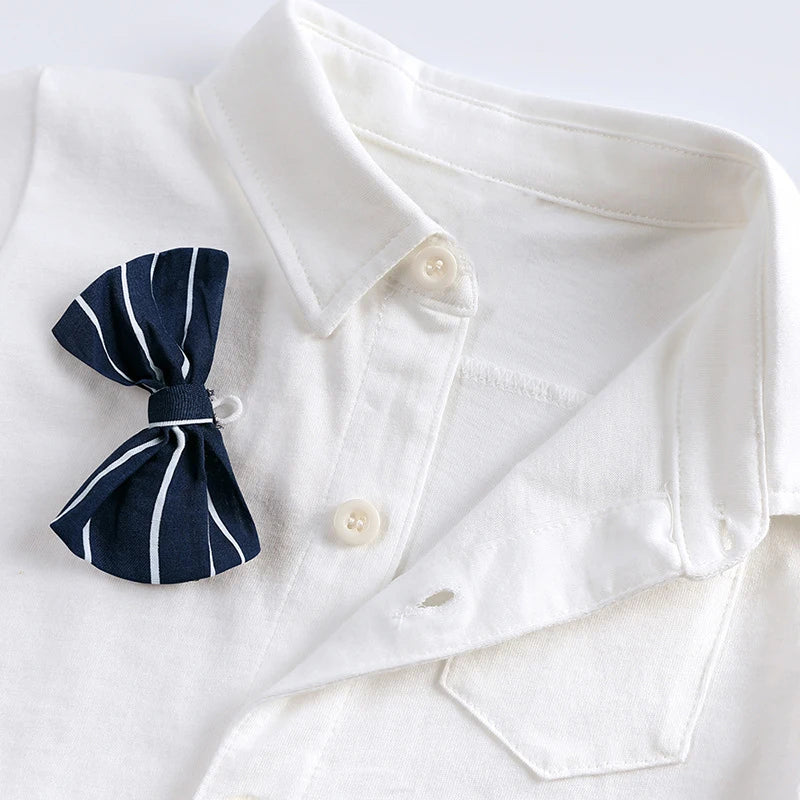 Baby Boys Clothes Infant White Long/Short Sleeve Shirt Lapel Bodysuits Detachable Bow Tie 0-24 Months Newborn Baby Blouses