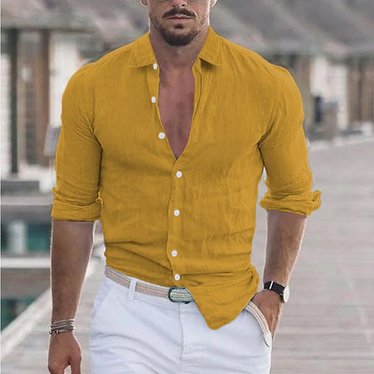 High quality men's solid color cotton long sleeve shirt lapel Fashion casual loose street soft breathable cotton clothing