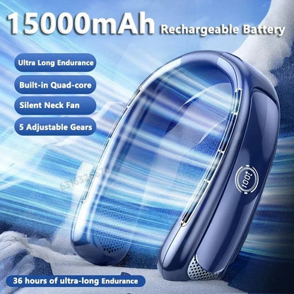 15000mah Portable Neck Fan Smart Digital Display USB Rechargeable Outdoors Bladeless Silent Cooling Neck Fan For Summer Sport