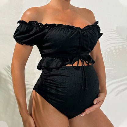 Maternity Bikini Set High Waisted Two Piece Swimsuit Pregnant Women Bathers Black Bathing Suit Summer Beach Swimwear