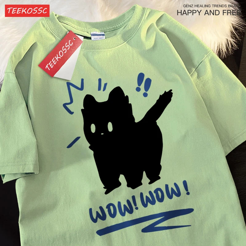Siblings T Shirts Wow Wow Fun Black Cat Tops Casual Hip Hop Short Sleeve Sport Casual Clothing Cotton Breathable Siblings Tops