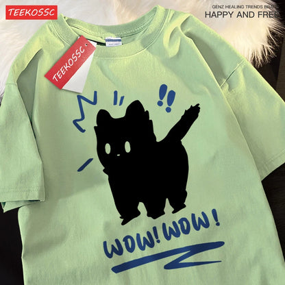 Siblings T Shirts Wow Wow Fun Black Cat Tops Casual Hip Hop Short Sleeve Sport Casual Clothing Cotton Breathable Siblings Tops