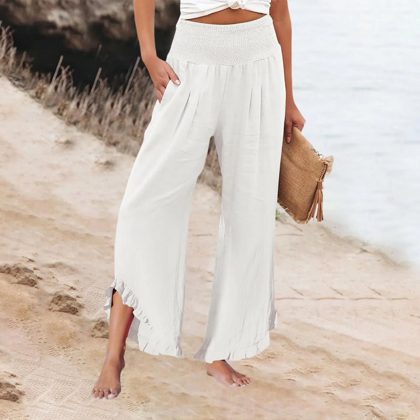 Summer Womens Palazzo Pants Summer Casual Flowy Wide Leg Trousers Beach Travel Vacation Outfits All Match Loose Baggay Pants