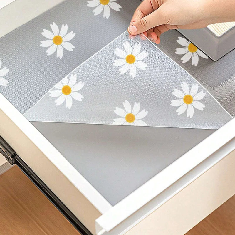 1 Roll Daisy Shelf Liner For Kitchen Cabinets EVA Waterproof Fridge Pad Cupboard Mat Easy Placemats Non-Adhesive Drawer Liner