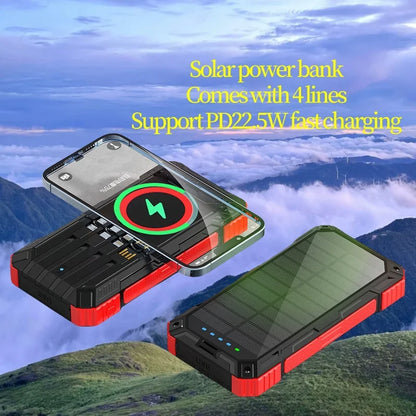 Portable Solar Power Bank Pd22.5W Fast Charging 20000Mah Large Capacity, Wireless Fast Charging and Comes with 4 USB Cable Mobile Power Supply, with Strong Light Led Light, Solar Power Bank Fast Rechargeable Battery