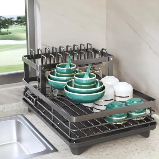 Kitchen Organizer Extendable Dish Drying Racks for Kitchen Counter and Over Sink, Multifunctional Dish Rack with Cutlery