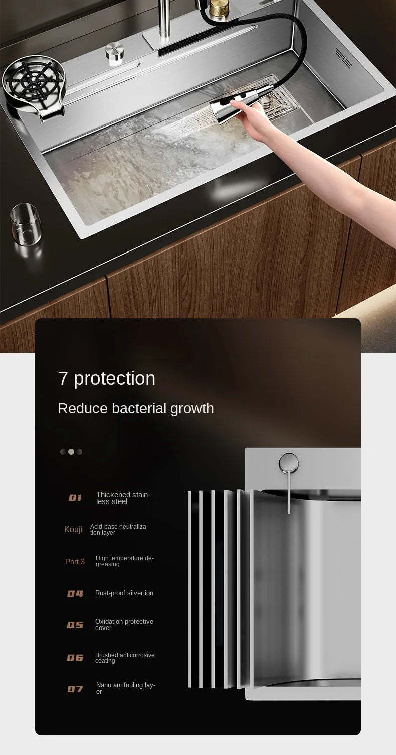 Nano 304 Stainless Steel Sink Waterfall Large Single Slot Kitchen Sink Vegetable Sink Stainless Steel Sink Household Sink