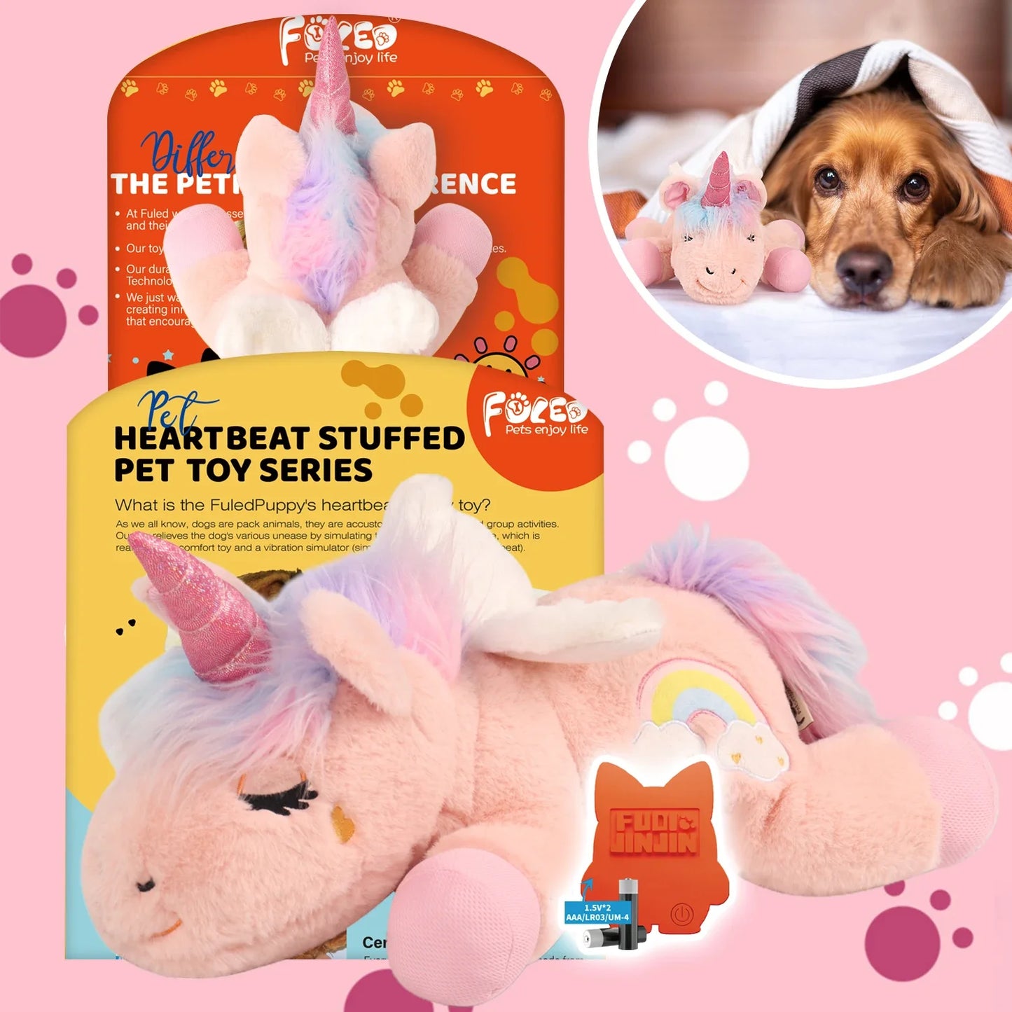 PETFULED Unicorn Heartbeat Dog Toys Plush Toys Comfort Puppy Toys Stress Reducing Sleep Aid Crate Toys, Durable Chew Toys for Do