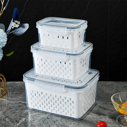 3Pack Fridge Food Storage Container Set with Lids with Strainer Kitchen Storage Boxes Fruit Vegetable  Organizer