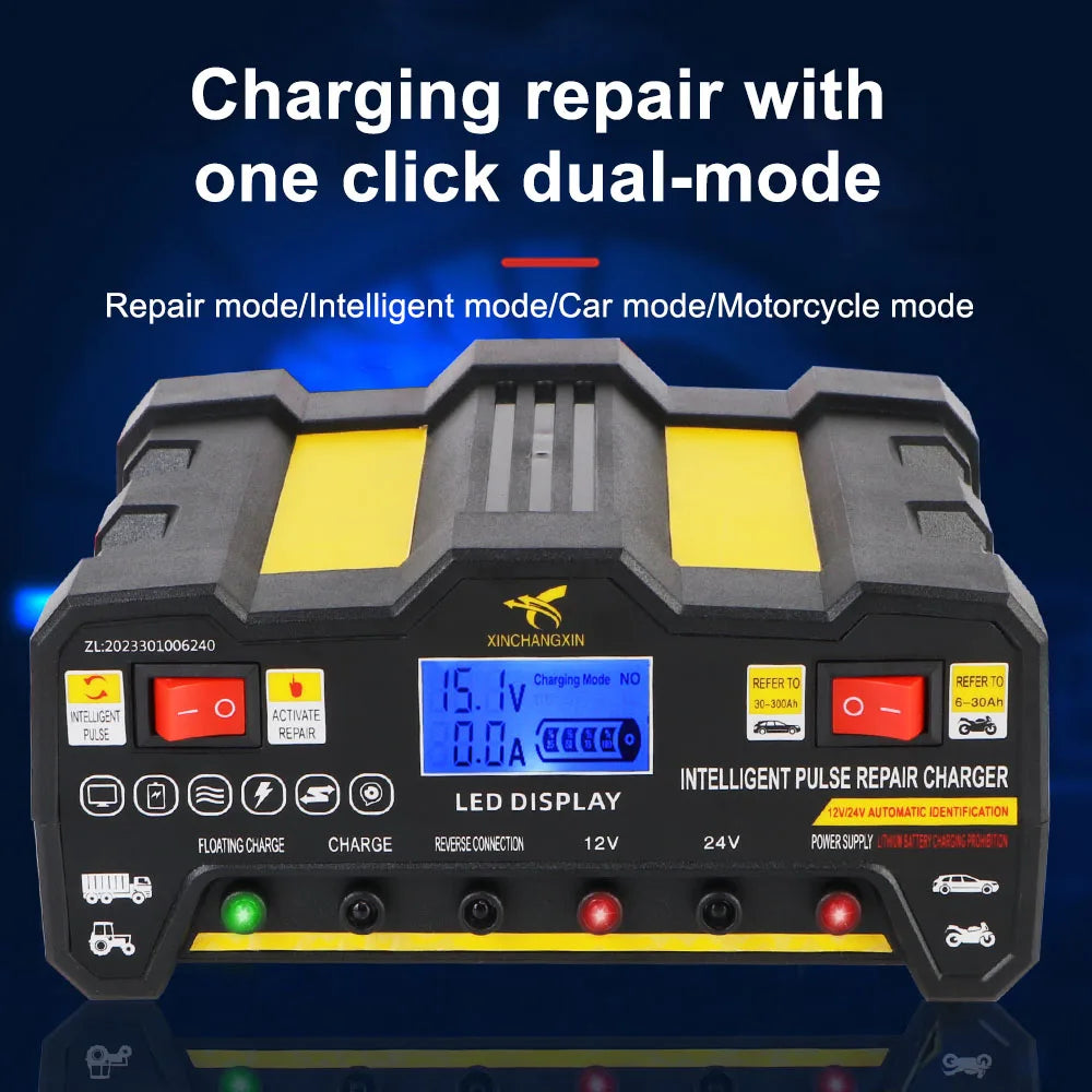 600W Car Battery Chargers 12V 12A / 24V 9A Output Quick Charging Intelligent Automatic Pulse Repair Home Storage Battery Charger