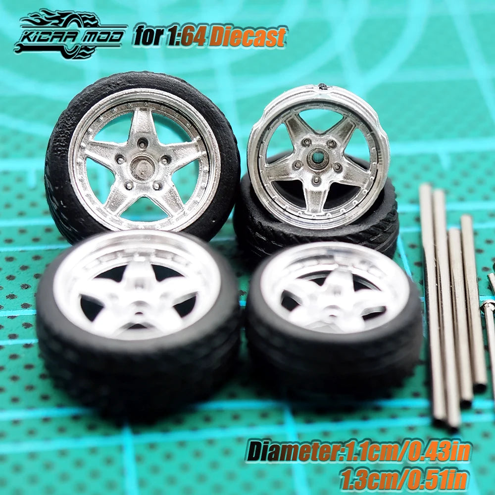 Kicarmod 1/64 Model Car ABS Wheels with Rubber Tire Metal Rims Front Small Rear Large Refitting Parts For Model Car Hot Wheels
