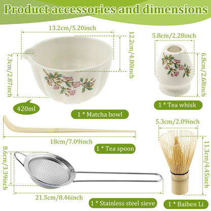 Matcha Whisk and Bowls Kit with Whisk Holder Scoop and Sifter Japanese Style Matcha Making Set Teaset Giftbox for Tea lovers
