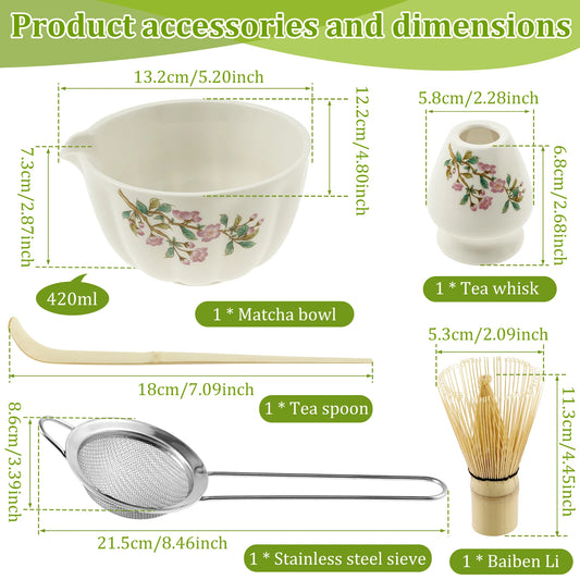 Matcha Whisk and Bowls Kit with Whisk Holder Scoop and Sifter Japanese Style Matcha Making Set Teaset Giftbox for Tea lovers