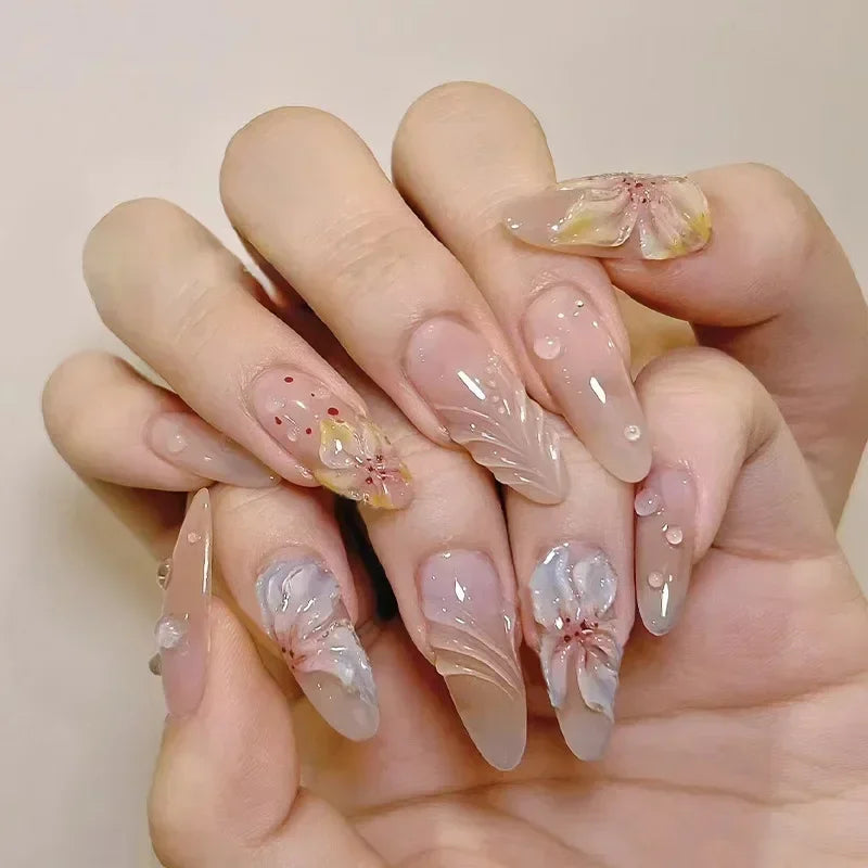 24pcs/Box Long Coffin False Nails Art Rose with Glue Wearable Nude Pink White Color Jelly Nails Tips Full Cover Press on Nails