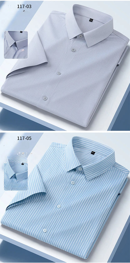 New in shirt summer short sleeve shirts for men slim fit formal plain shirt soft office striped top wrinkle free elastic clothes