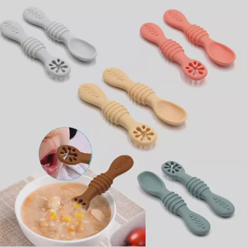 Food Grade Silicone Baby Training Fork Spoon Set for Teeth Grinding Complementary Rice Paste Baby Feeding Tableware