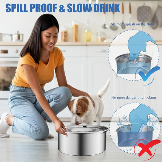 3L/101oz Large Capacity Dog Water Bowl Stainless Steel No Spill Dog Bowls Slow Drinking Dog Water Feeder Dispenser