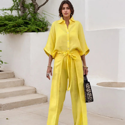 Office Lady Shirt Pants Two Piece Set Casual Single Breasted Three-quarter Sleeves Top And Belt Irregular Wide Leg Trousers Suit