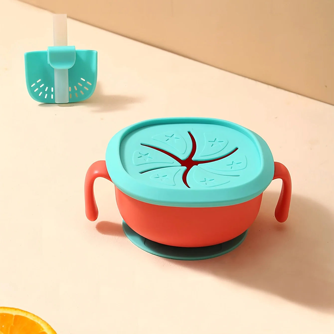 3-in-1 Baby Snack Bowl with Silicone Straw,Cover&Detachable Suction,Kids Soup Bowl with Handle, Portable Handle Cup for Outdoor