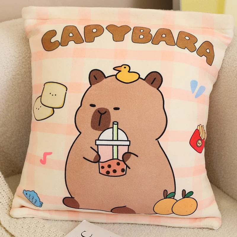 A Plushies Bag Pudding Toys Puff Balls Mini Cute Stuffed Animal Capybara Doll Removable Set Plush Pillow Snack Cushion Kids Gift