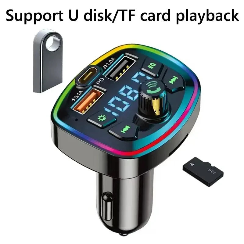 Car Charger FM Transmitter BT 5.0 Hands Free True 3.1A Dual USB Port PD Fast Charging MP3 Music TF Card U disk AUX Player