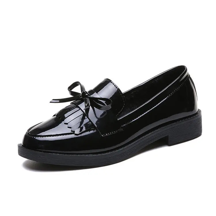 Womens Shoes Patent Leather Women Loafers British Tassel Casual Female Flat Shoes Bowknot Comfortable Small Leather Shoes