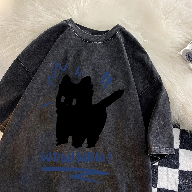 Vintage Water Washing T Shirts Wow Wow Fun Black Cat Tops Casual Hip Hop Short Sleeve Men Women Clothing Cotton Couple Tops