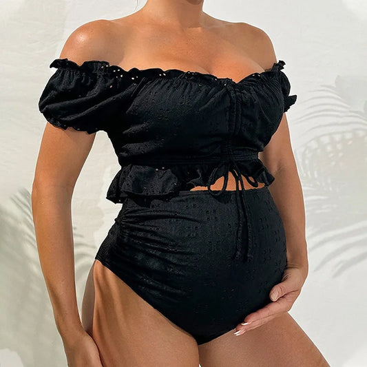 Maternity Bikini Set High Waisted Two Piece Swimsuit Pregnant Women Bathers Black Bathing Suit Summer Beach Swimwear