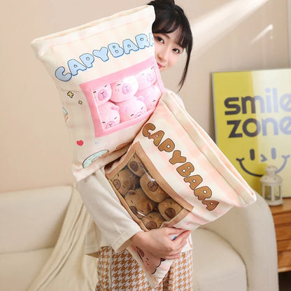 A Plushies Bag Pudding Toys Puff Balls Mini Cute Stuffed Animal Capybara Doll Removable Set Plush Pillow Snack Cushion Kids Gift