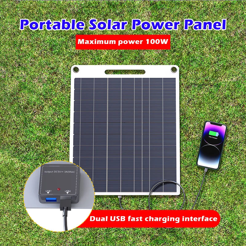 Portable Solar Phone Charger - 2 USB Ports 5V/2.4A Fast Charging for Outdoor Adventures & Emergency Power Supply