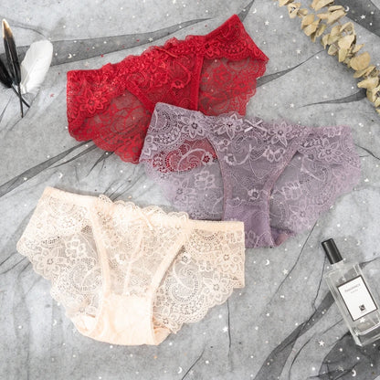 3PCS Hollow Out See Through Underpants Comfortable Briefs Sexy Ladies Lace Transparent Panties Low-Rise Lingerie