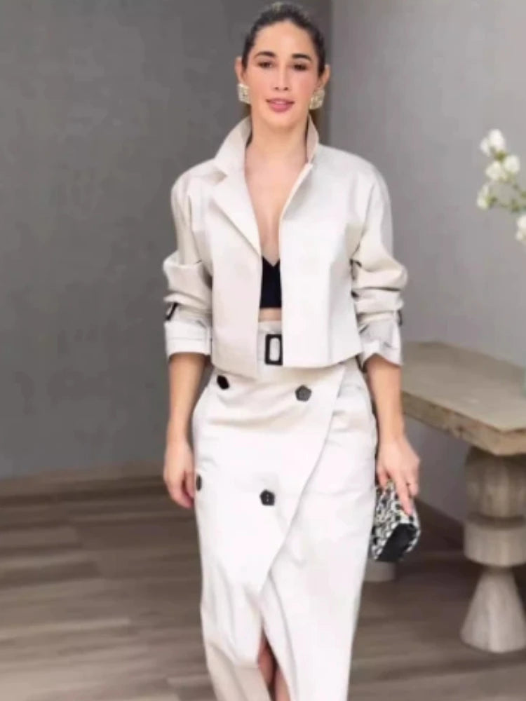 Fashion Two Piece Sets Outfits Office Lady Tracksuit Street Wear Cargo Set Long Sleeve Jacket and Wrap High Split Skirts Suit